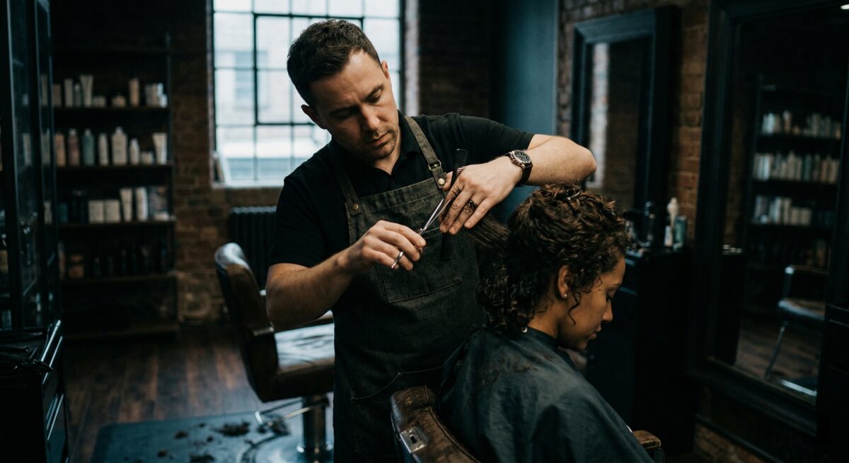 Barber cutting curly-haired customer in dark industrial brick wall salon