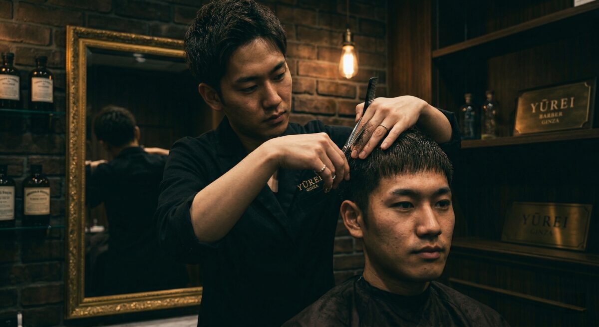 Barber cutting customer hair with dark moody pendant light in modern studio