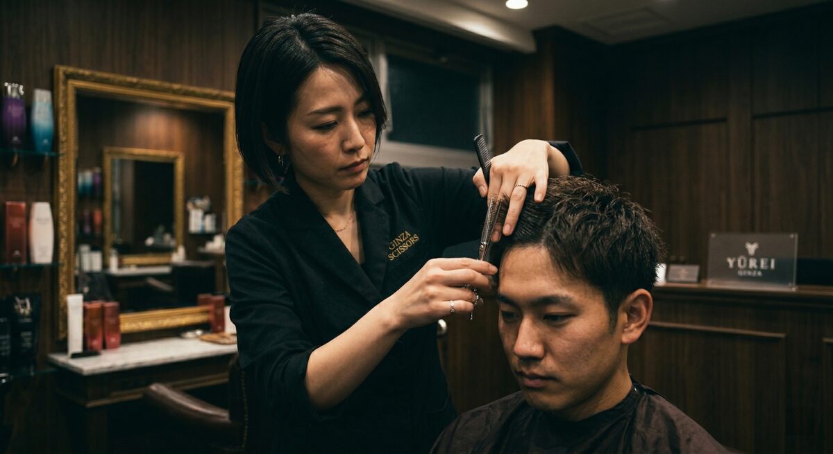 Female barber professionally cutting customer with dark moody accent lighting in salon