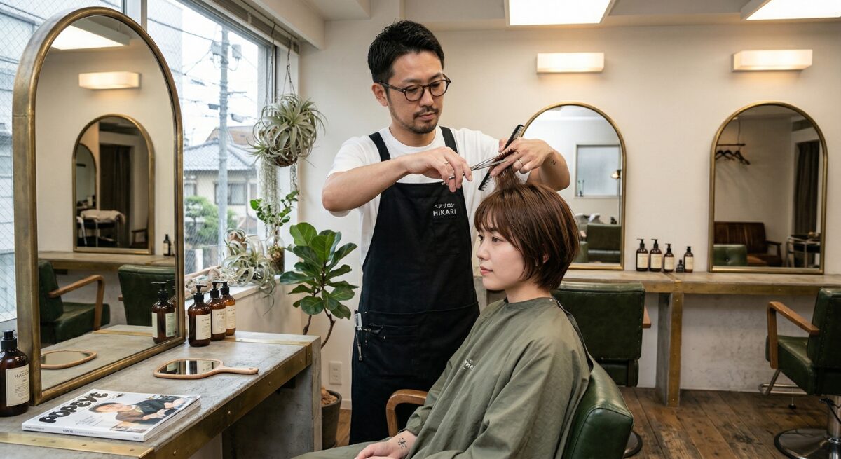 Hairdresser cutting customer in modern bright salon with natural light