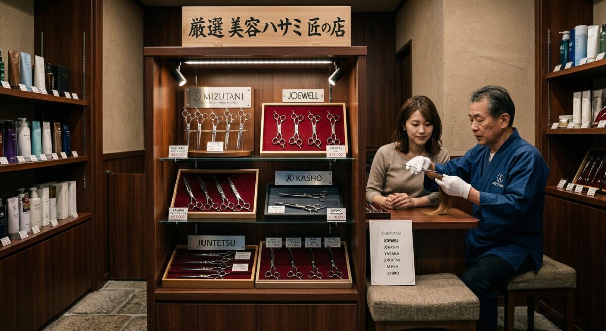Traditional Japanese scissor shop with brand displays and warm lighting