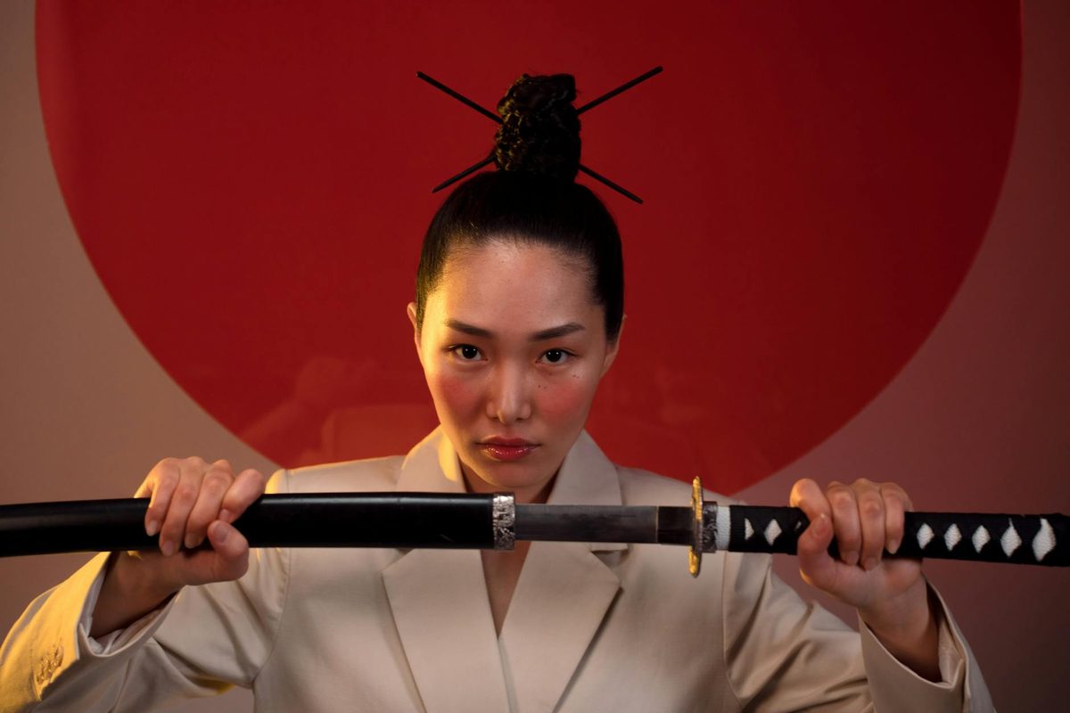 Professional Japanese cutting scissors in use during hair styling