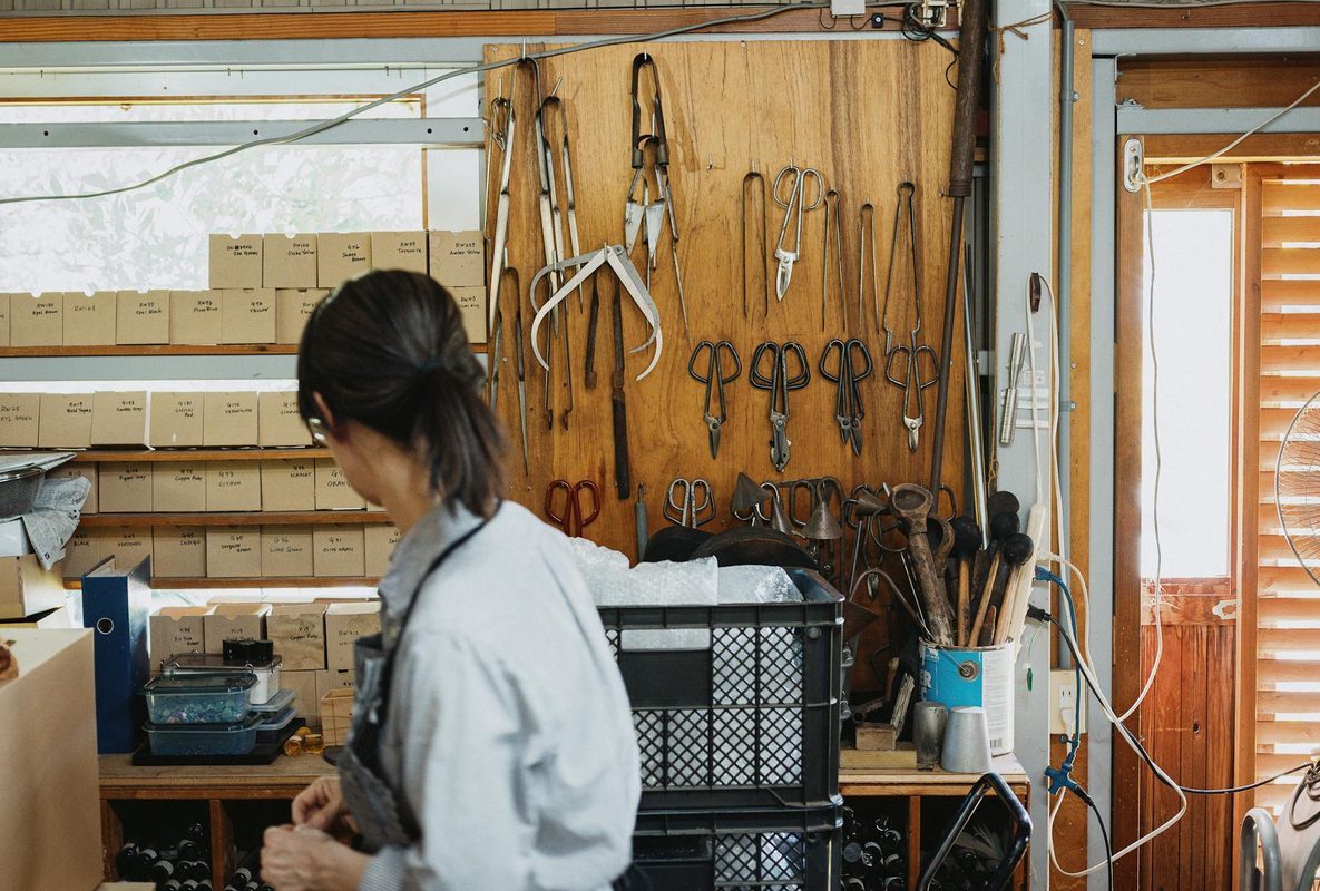 Traditional Japanese bladesmithing exhibition displaying historical and modern scissors