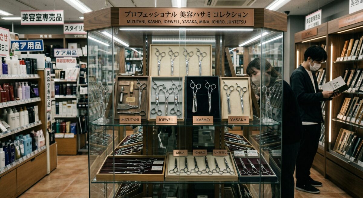 Premium scissor retail display featuring Japanese brand collections