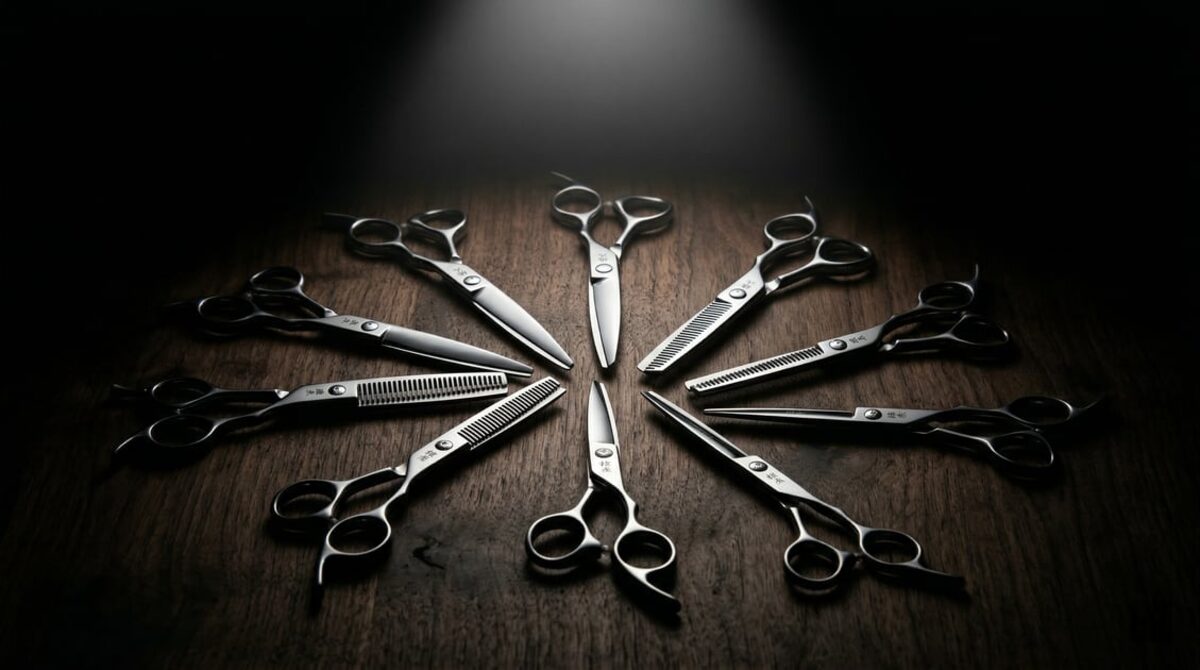 Row of professional scissors at different price points displayed on a salon counter
