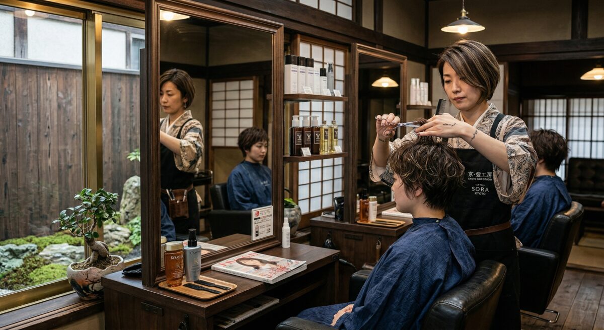Traditional Japanese barbershop with wooden screens and authentic workspace