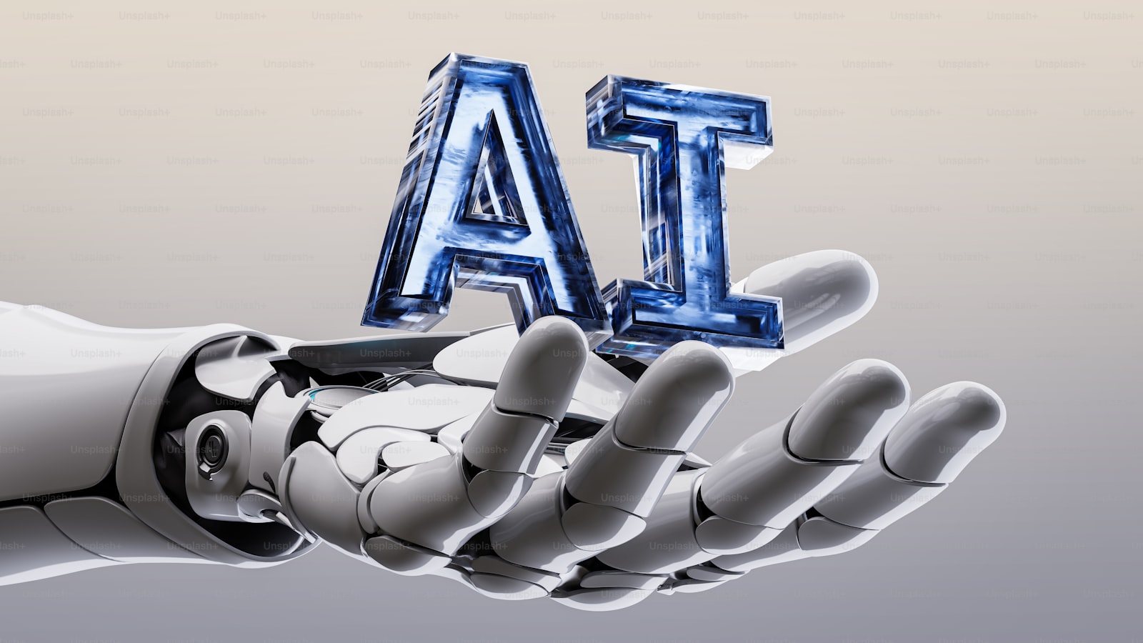 Robotic hand holding AI lettering against a futuristic background