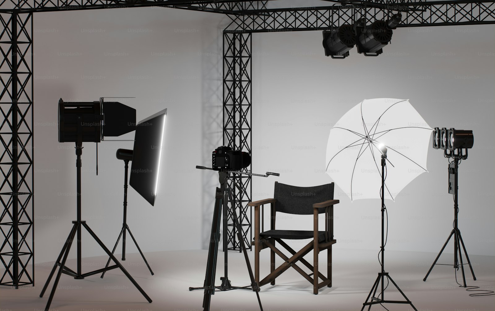Video production set with studio lighting and chair