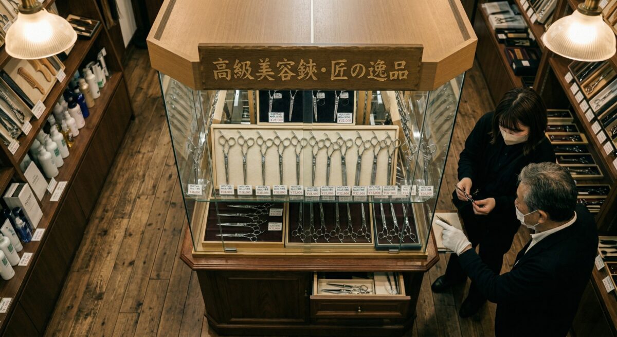 Upscale Japanese scissor gallery with premium inventory display