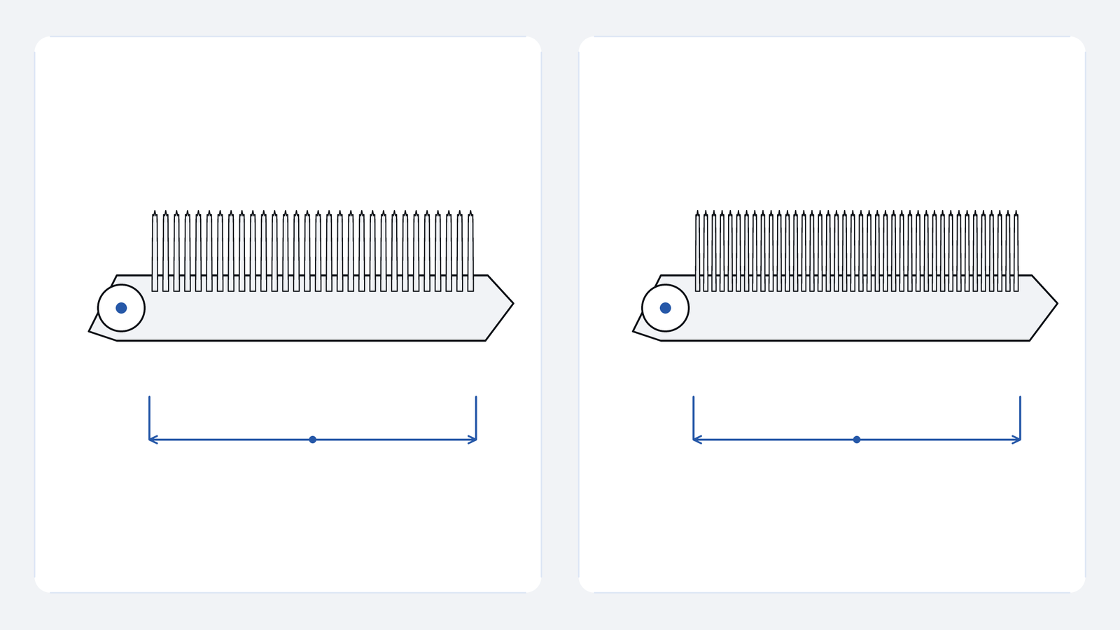 Two generic thinning blades at matched length and scale, one with 30 visibly wider teeth and one with 40 finer teeth.