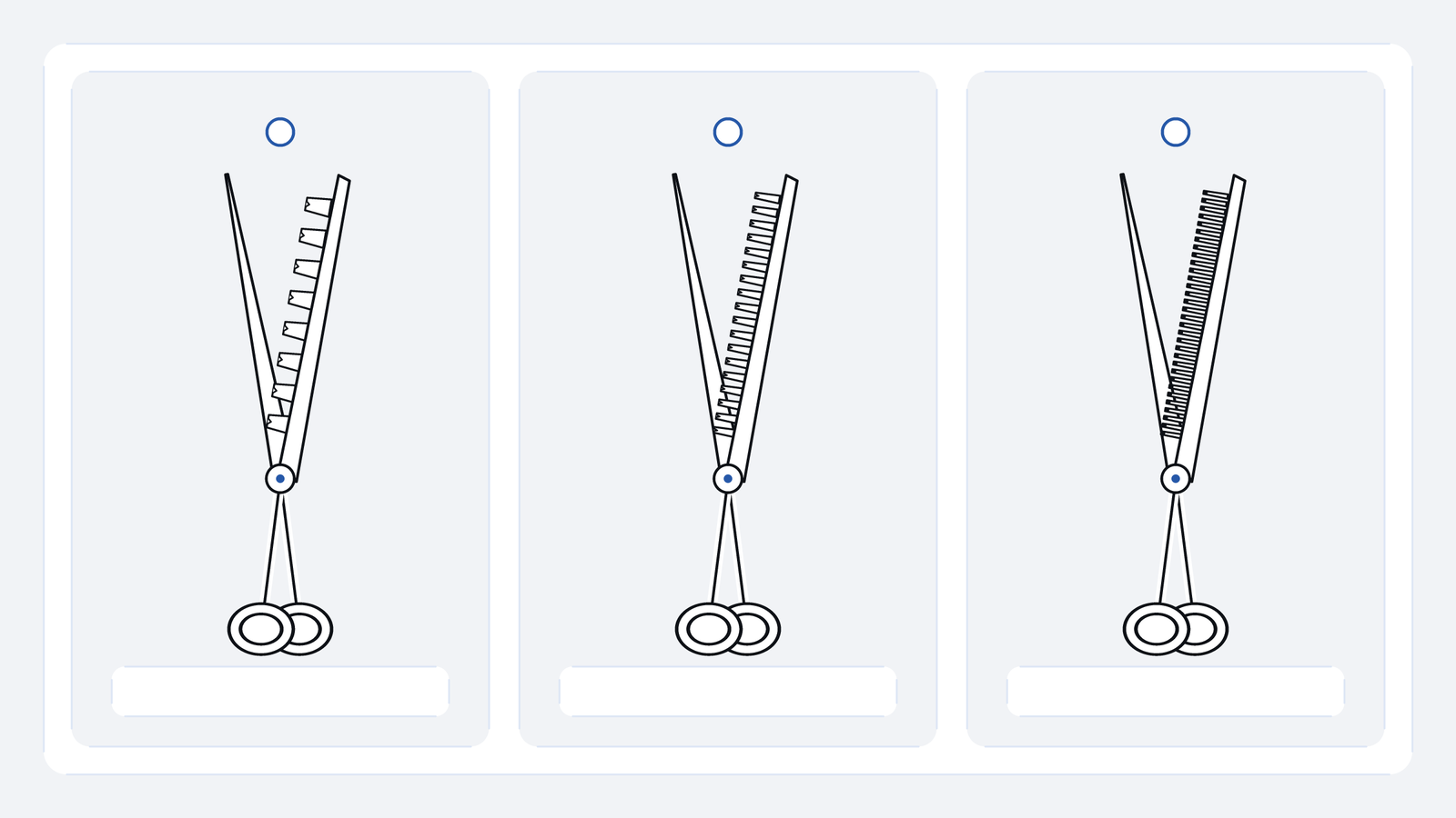 Three generic single-comb shears at matched scale show wide, medium and fine representative tooth spacing.