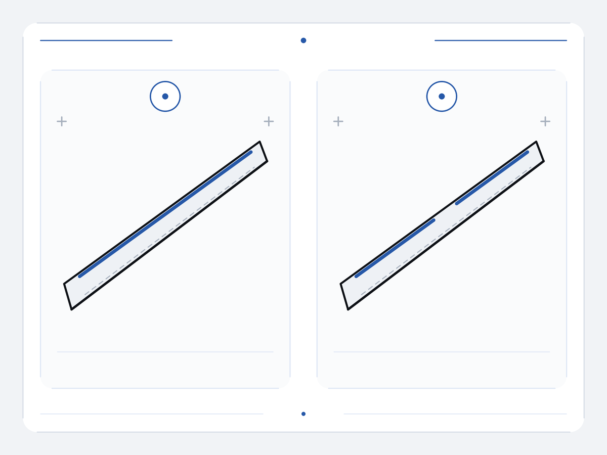 Two matched flat blade-section diagrams show the same blue reflected-light guide: continuous on the left and interrupted once by a local gap on the right.
