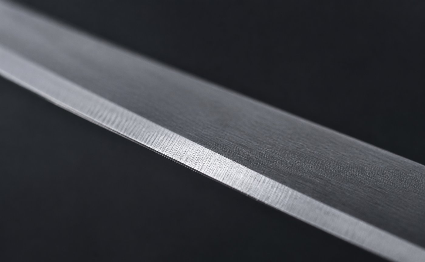 Illustrative macro of a shear blade with a visibly flat, faceted bevel.